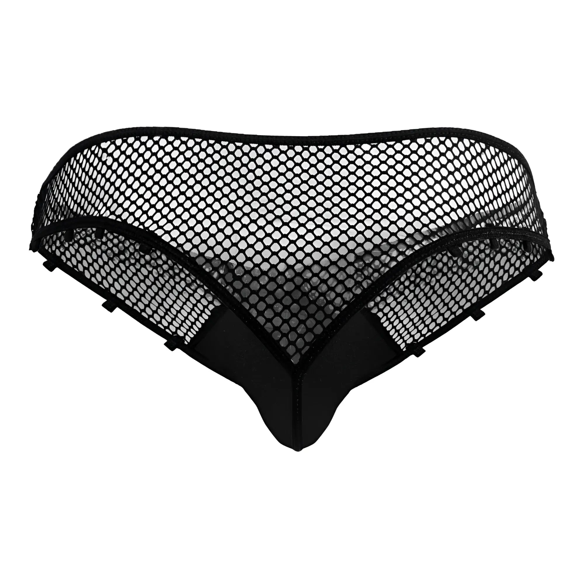 Black mesh thong with solid fabric back and side panels by candyman 99860 fishnet thongs color black back view
