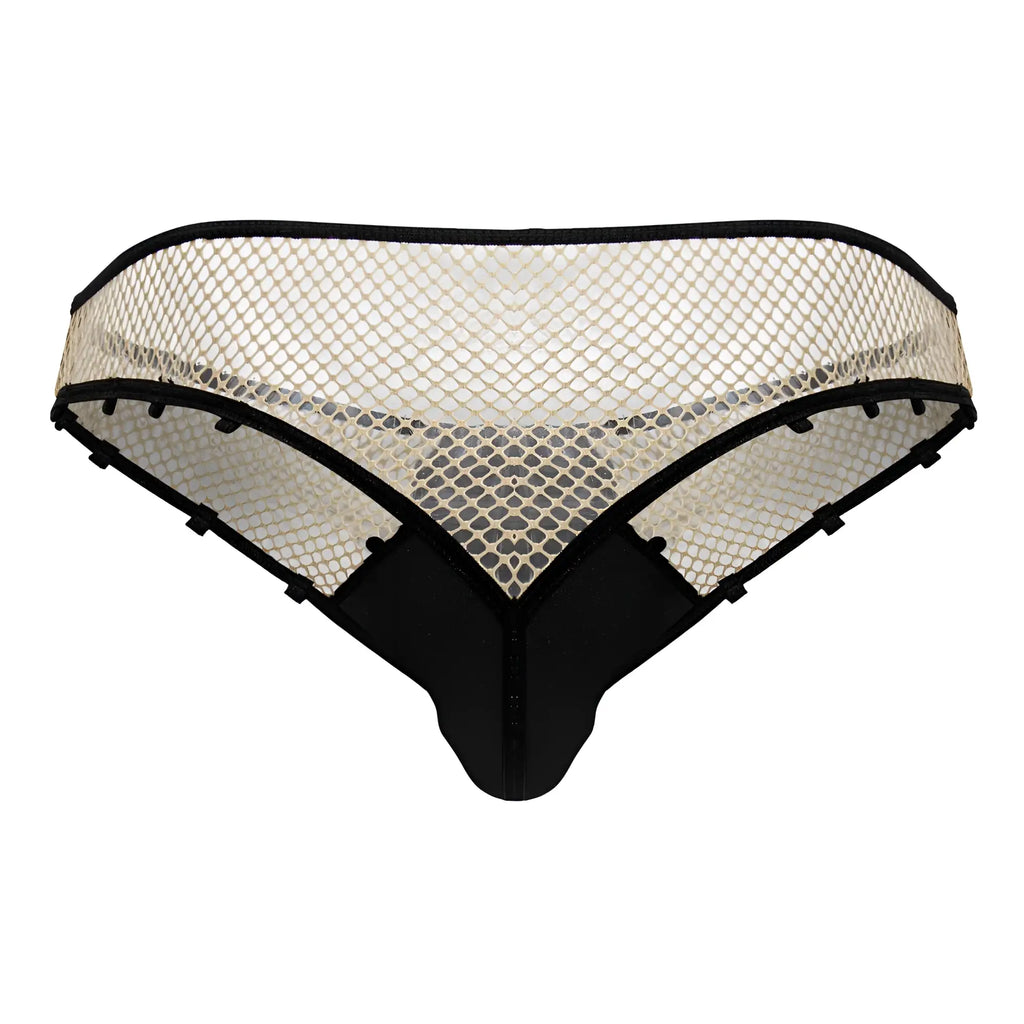 CandyMan 99860 fishnet thong in nude black featuring black and cream mesh with a sleek modern design