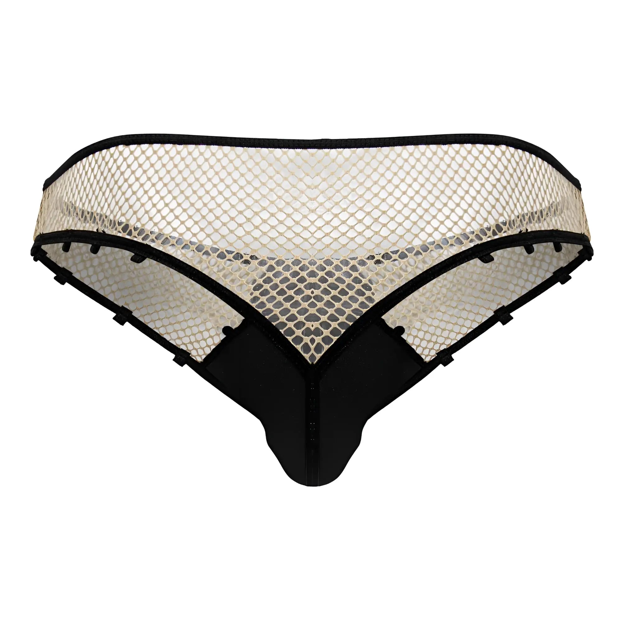CandyMan 99860 fishnet thong in nude black featuring black and cream mesh with a sleek modern design