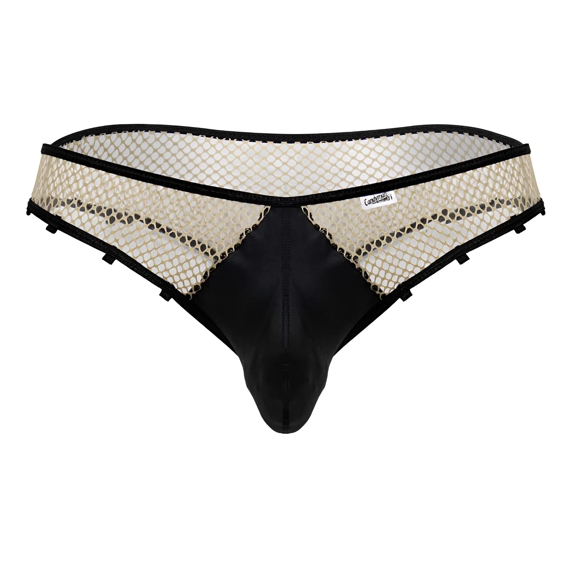 CandyMan 99860 fishnet thong with black front panel and nude beige mesh sides in breathable fishnet material