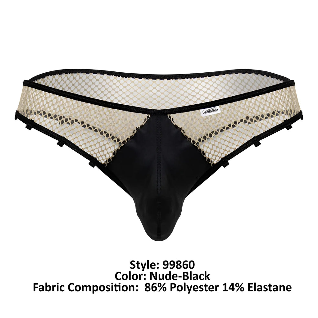 CandyMan 99860 fishnet thong in nude-black features a black front panel with black and nude mesh sides