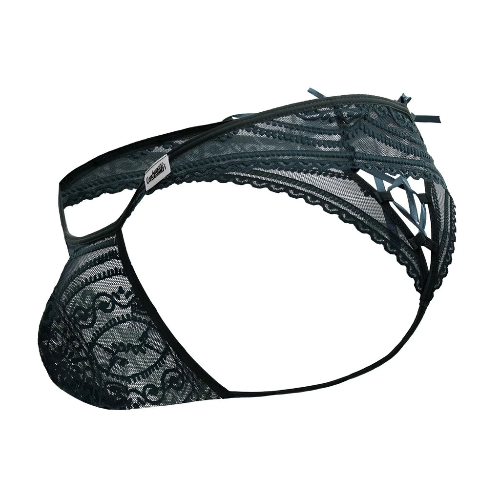 CandyMan 99861 green lace thong with intricate floral patterns and sheer mesh design for elegant lingerie look