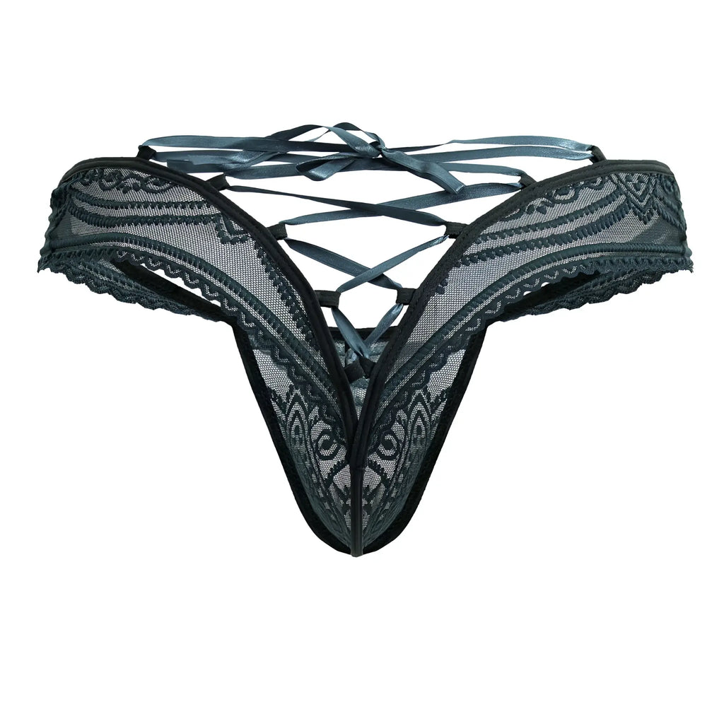Black lace thong in green with intricate floral patterns and crisscross ribbon tieback from candyman 99861 showing back side
