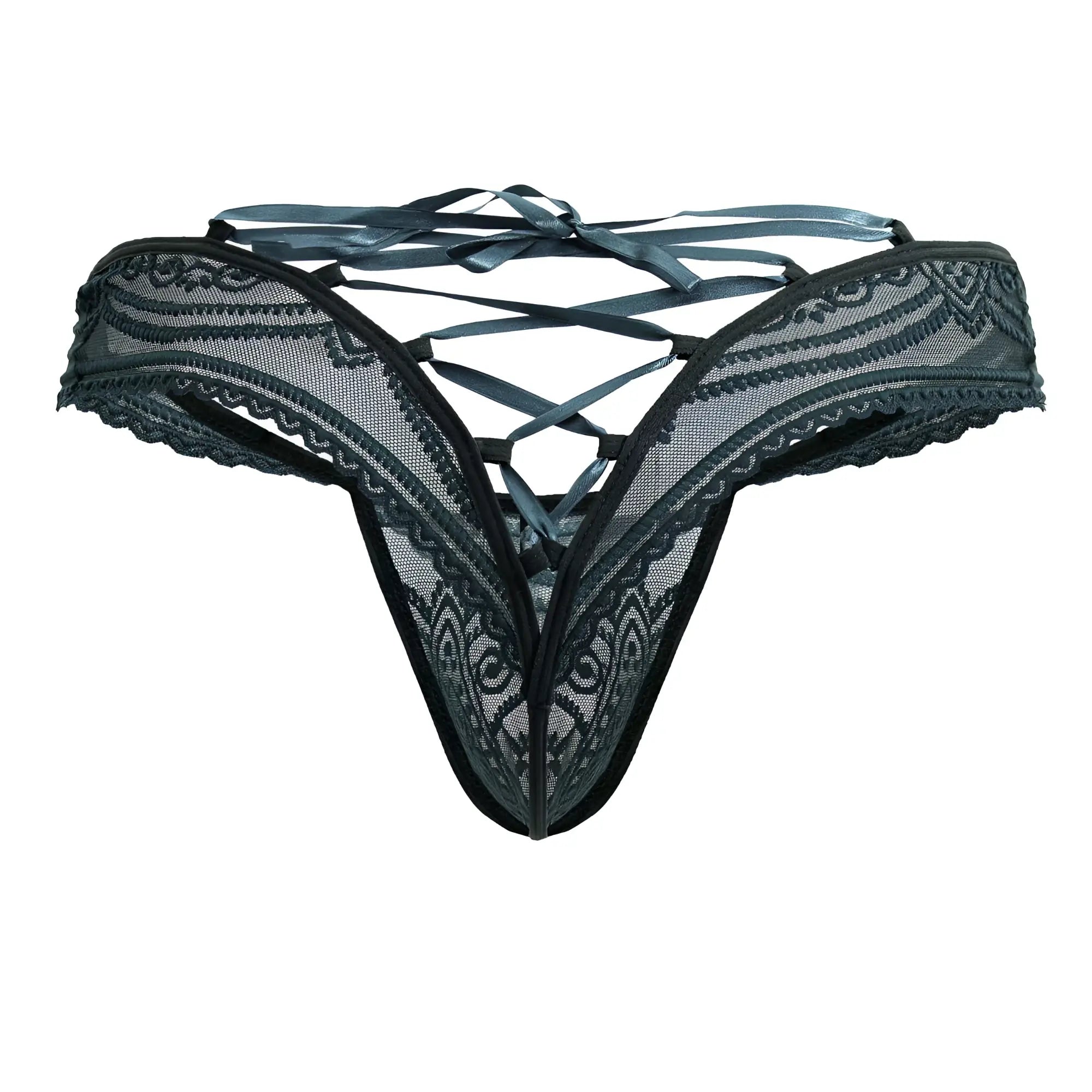 Black lace thong in green with intricate floral patterns and crisscross ribbon tieback from candyman 99861 showing back side
