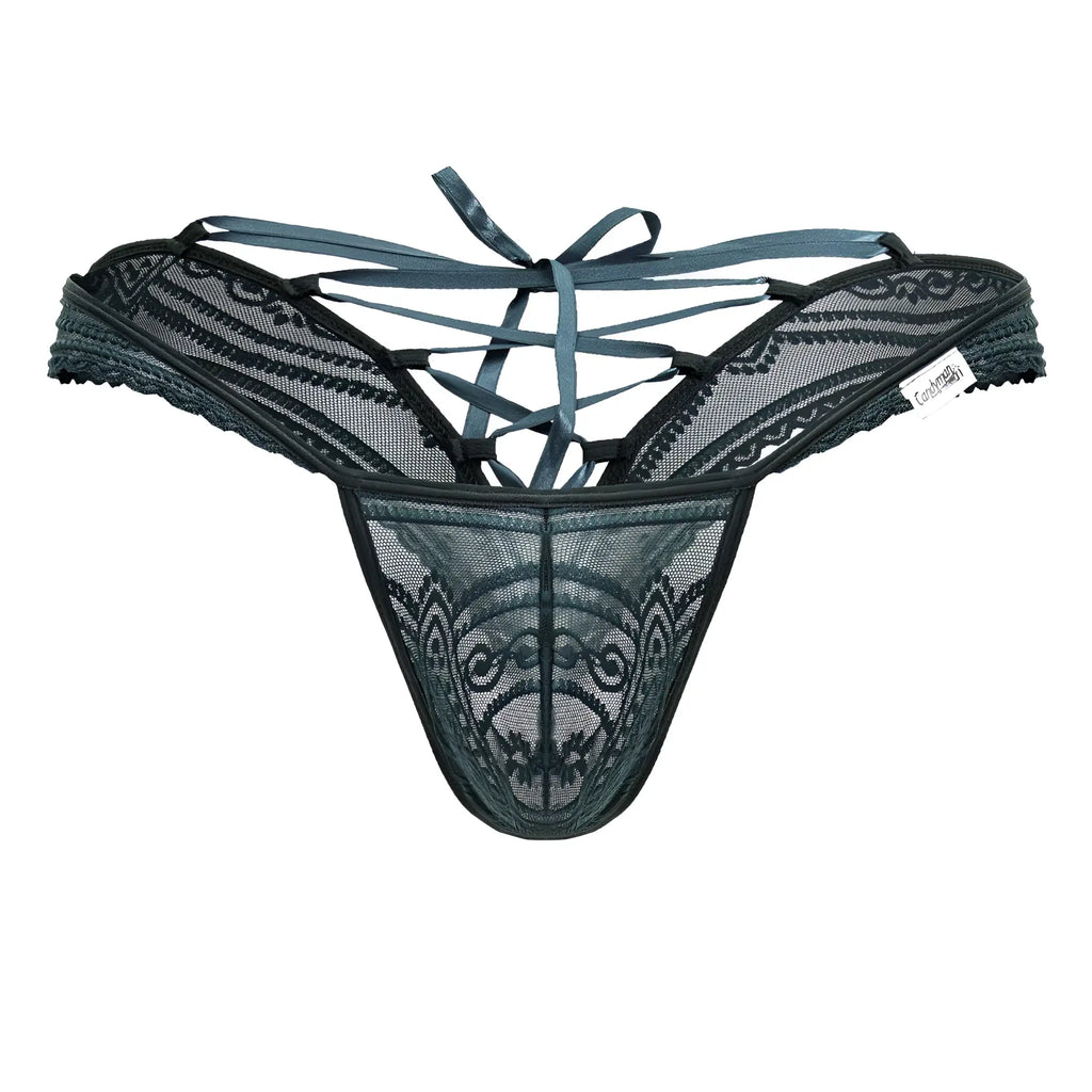 Black lace thong candy man 99861 in green with intricate patterns and crisscross tie back shown from the back side