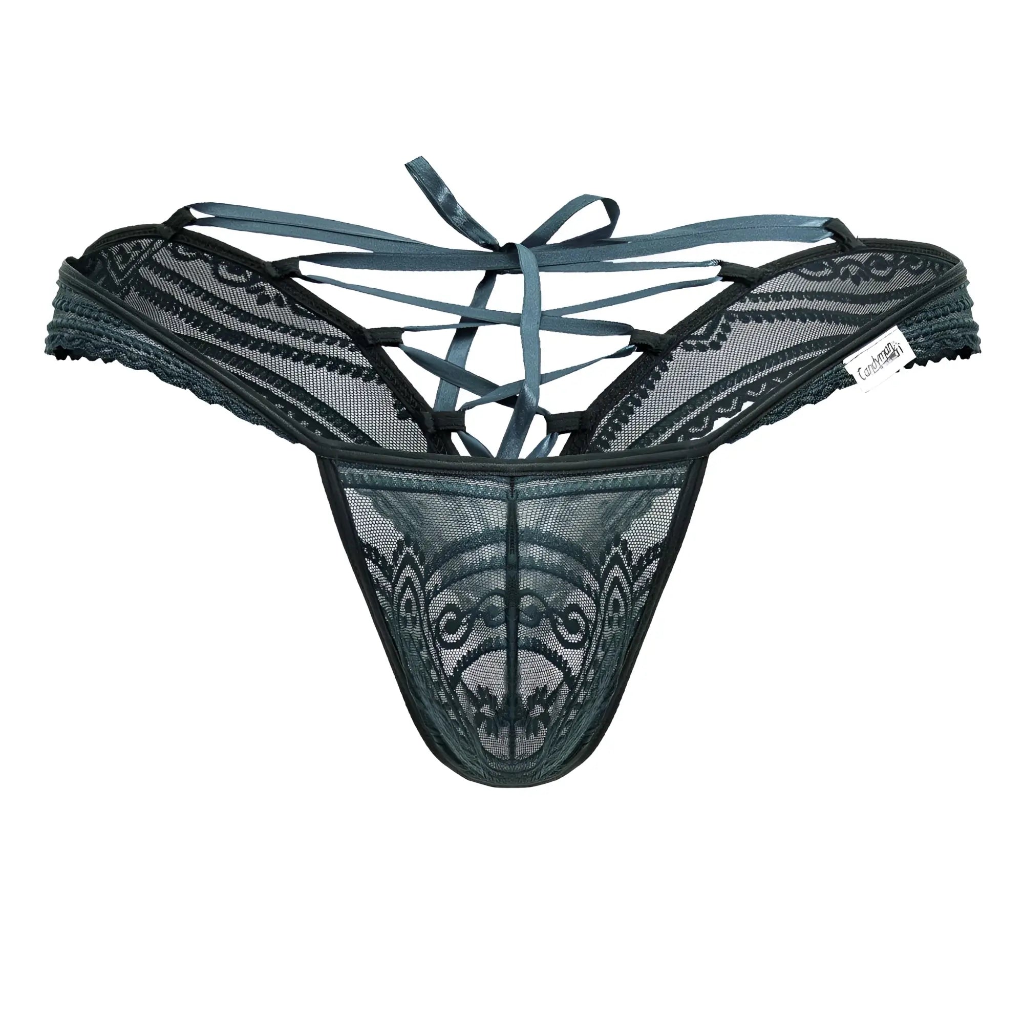 Black lace thong candy man 99861 in green with intricate patterns and crisscross tie back shown from the back side