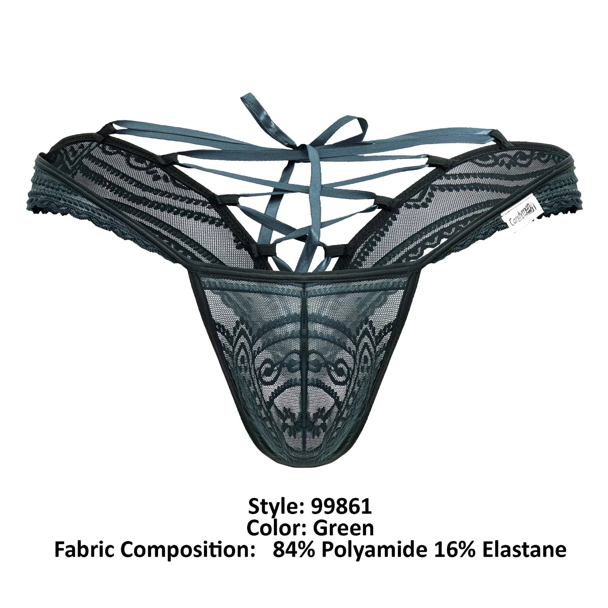Dark green candy man 99861 lace thong with intricate patterns and crisscrossing straps front view