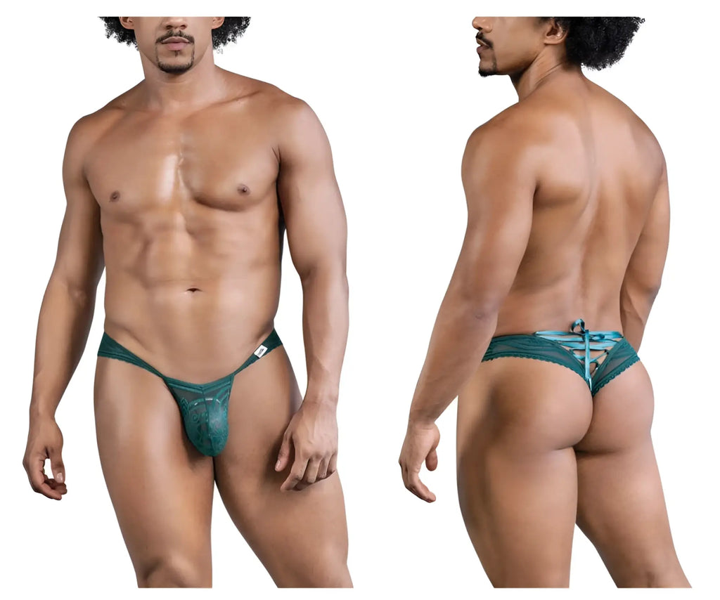 Teal lace thong candyMan 99861 in green with a tied-back design and subtle lace pattern shown from the back side