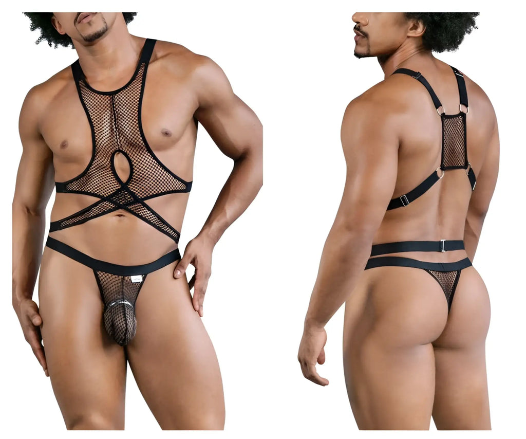 Black mesh fishnet harness-style bodysuit with adjustable straps and central cutout candyMan 99862 fishnet outfit
