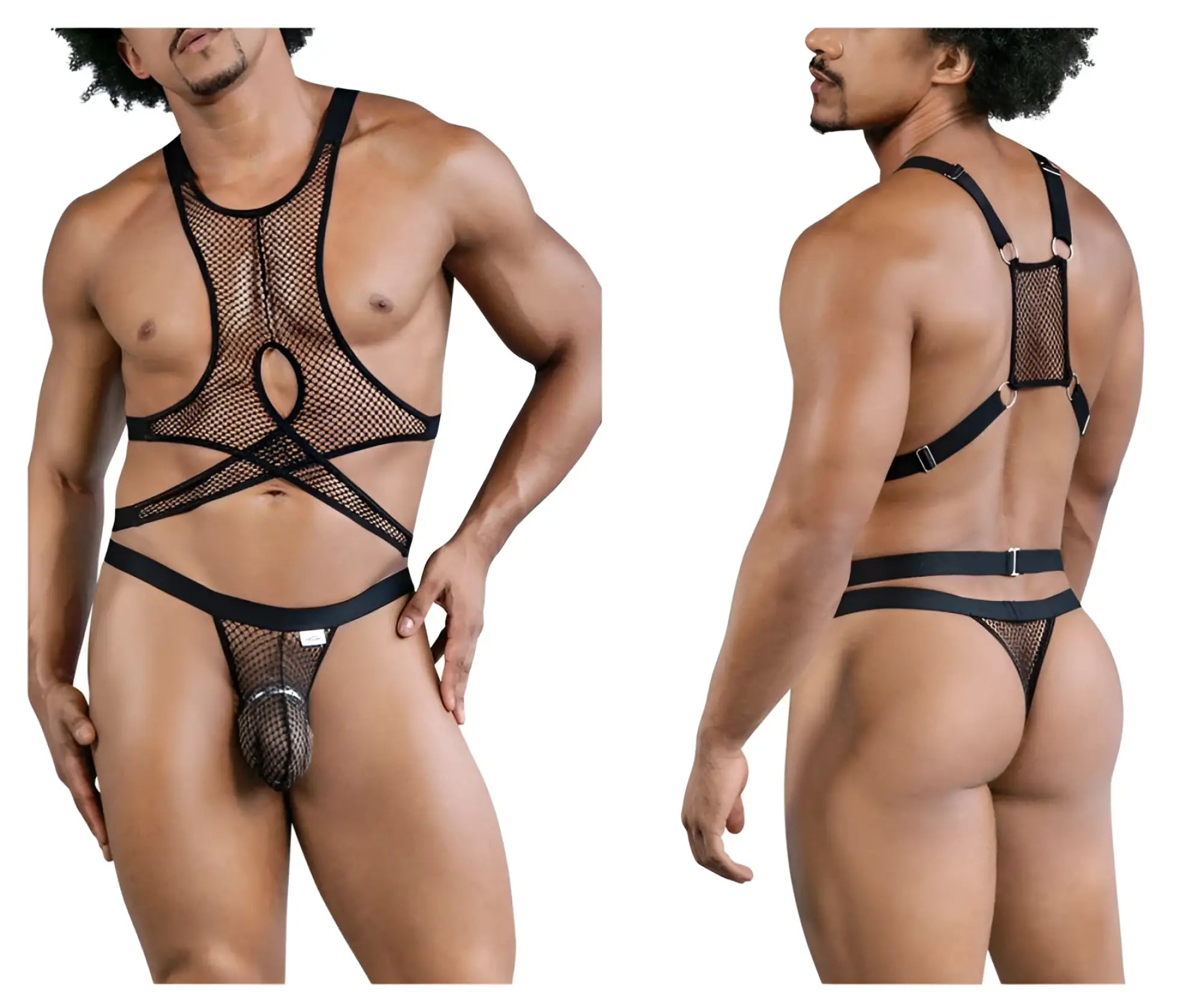 Black mesh fishnet harness-style bodysuit with adjustable straps and central cutout candyMan 99862 fishnet outfit