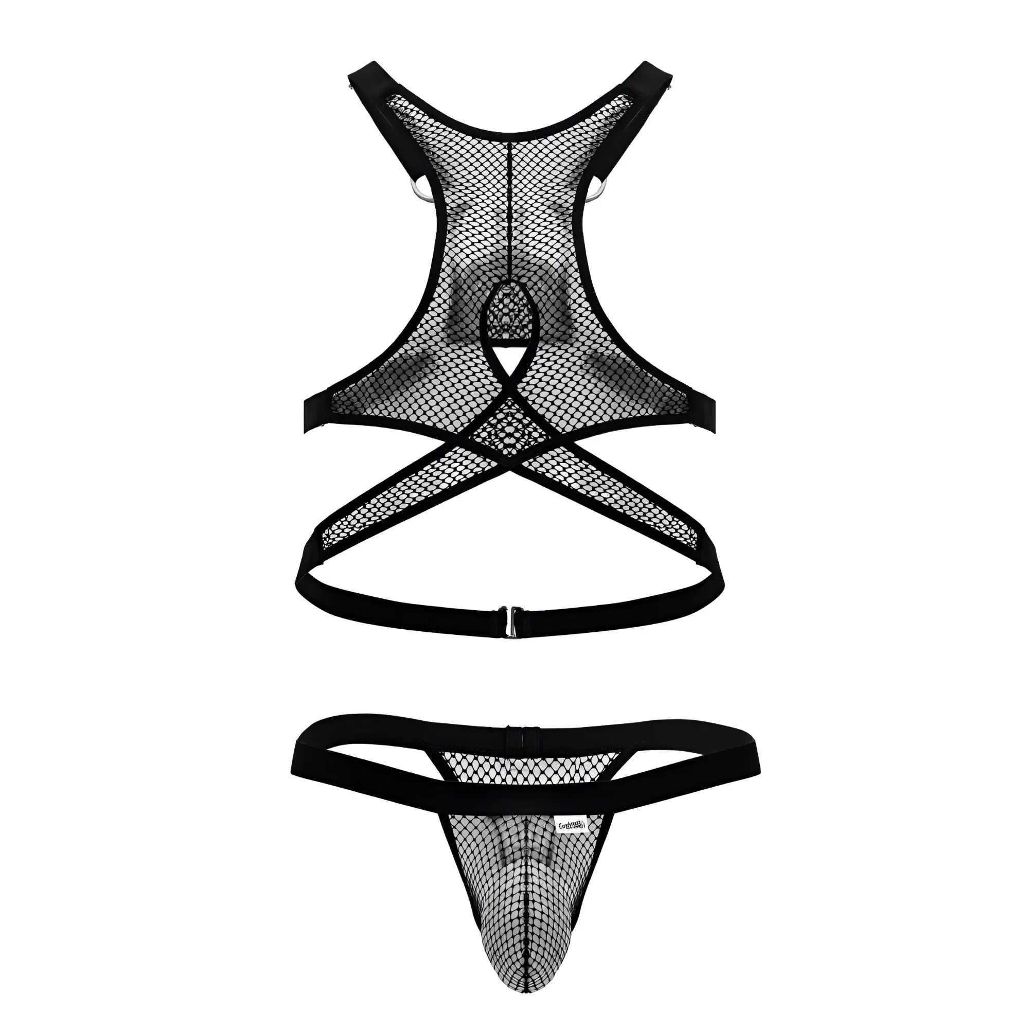 Black candyMan 99862 fishnet outfit featuring a mesh harness and thong set with elastic straps