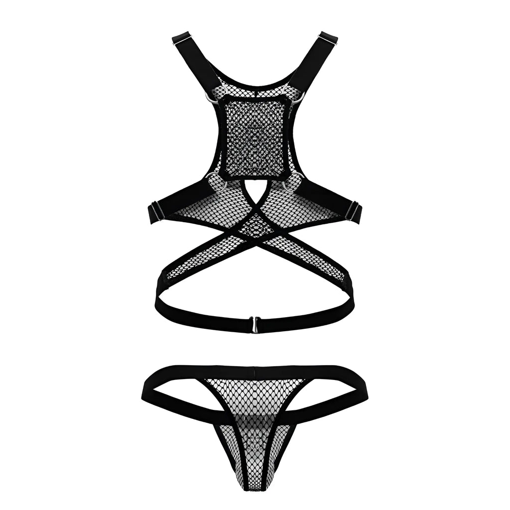 CandyMan 99862 black fishnet lingerie set with adjustable straps and cross-back design shown from the back side