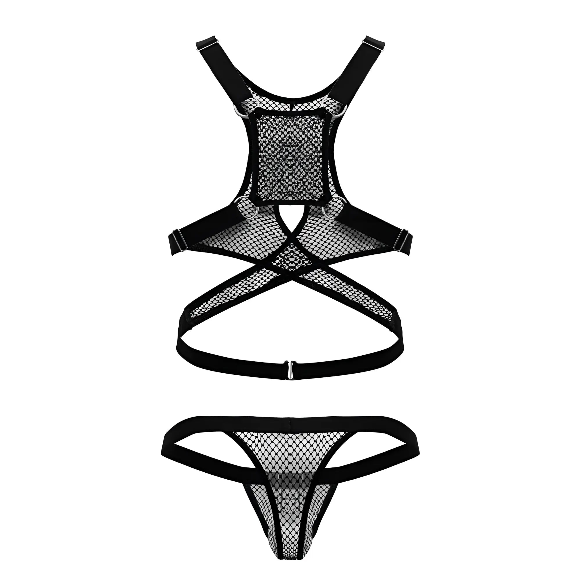 CandyMan 99862 black fishnet lingerie set with adjustable straps and cross-back design shown from the back side