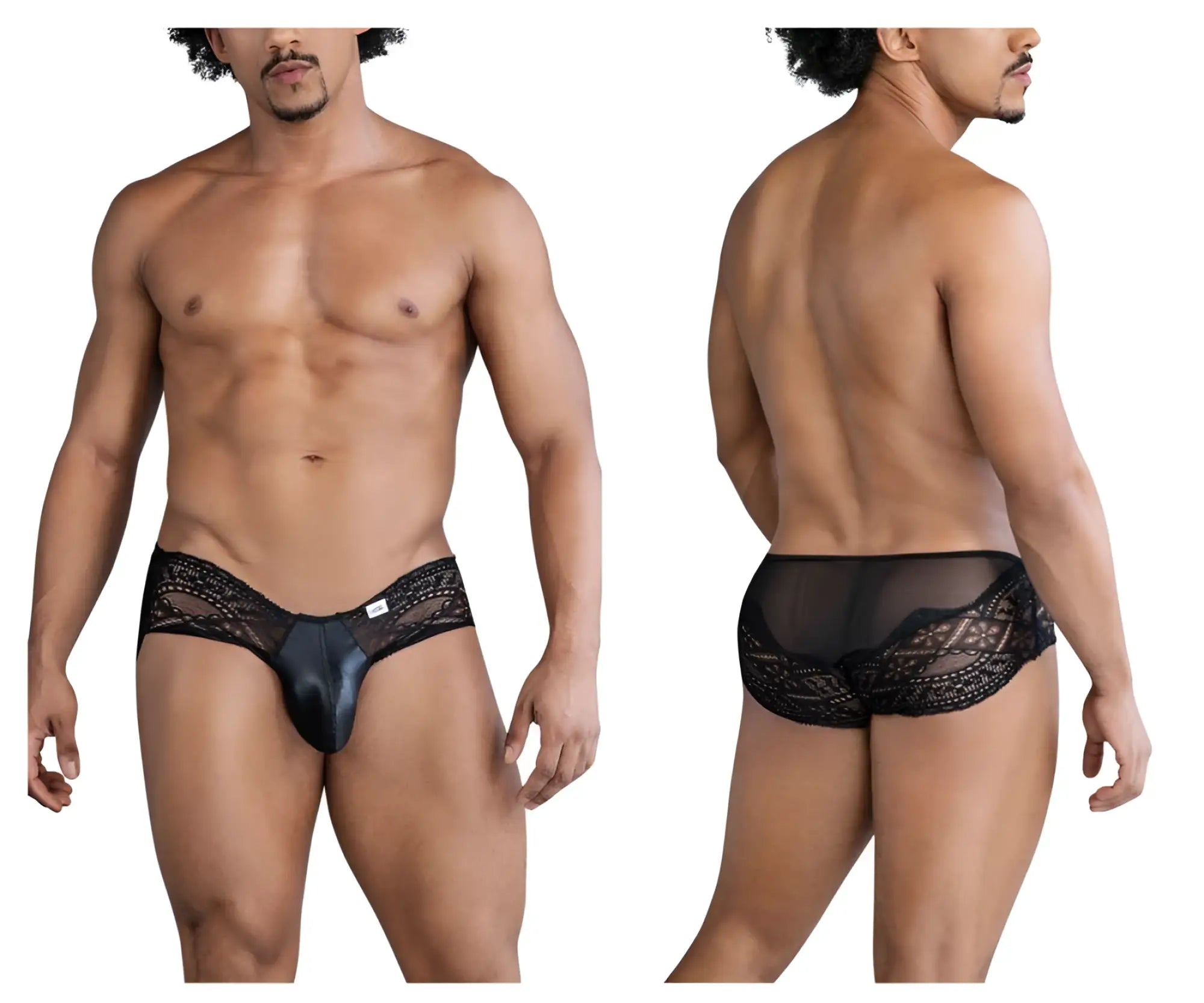 Black lace-trimmed men’s briefs with a glossy black front panel candyMan 99863 lace briefs color black