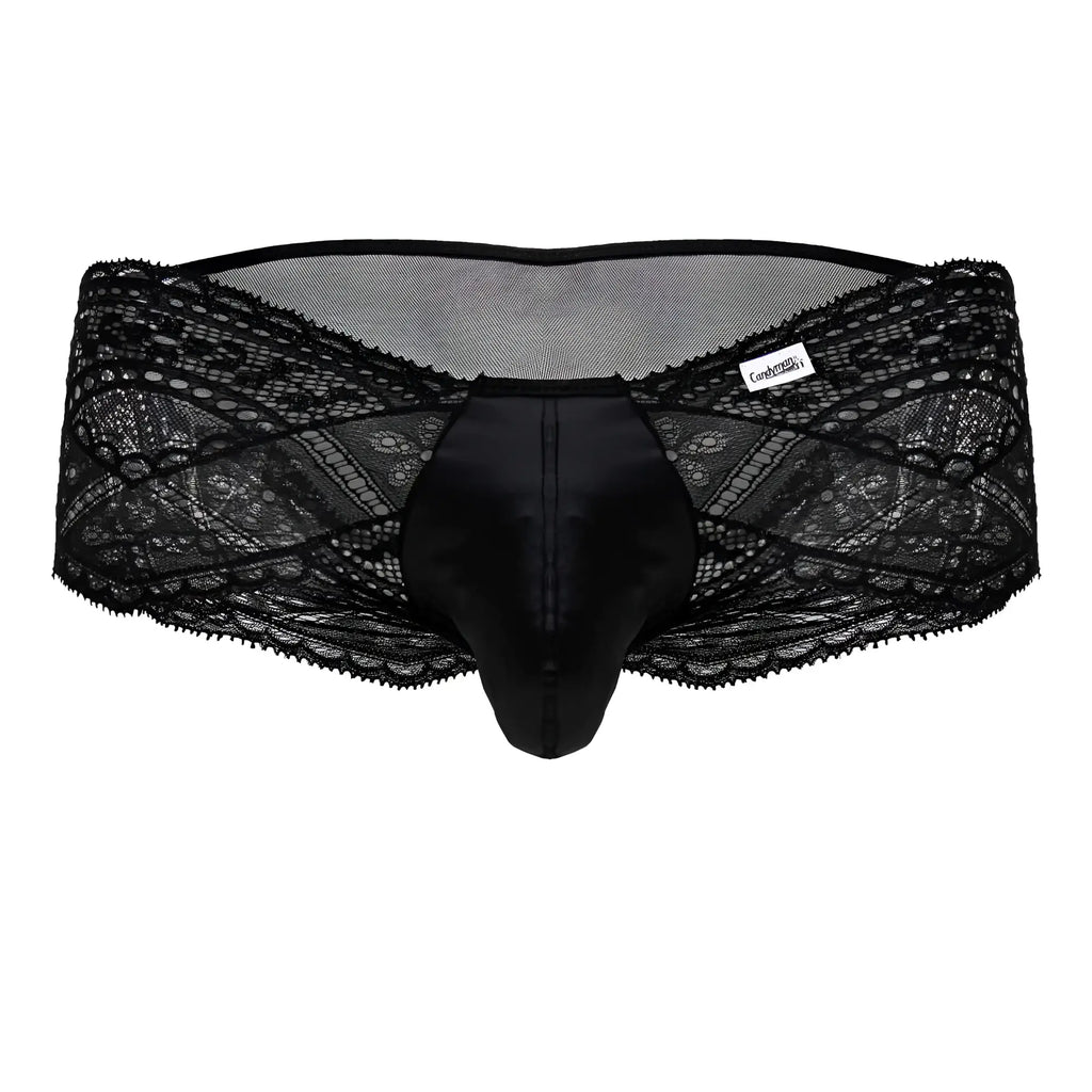 Black candyman 99863 lace briefs with satin front panel and floral lace mesh back for men