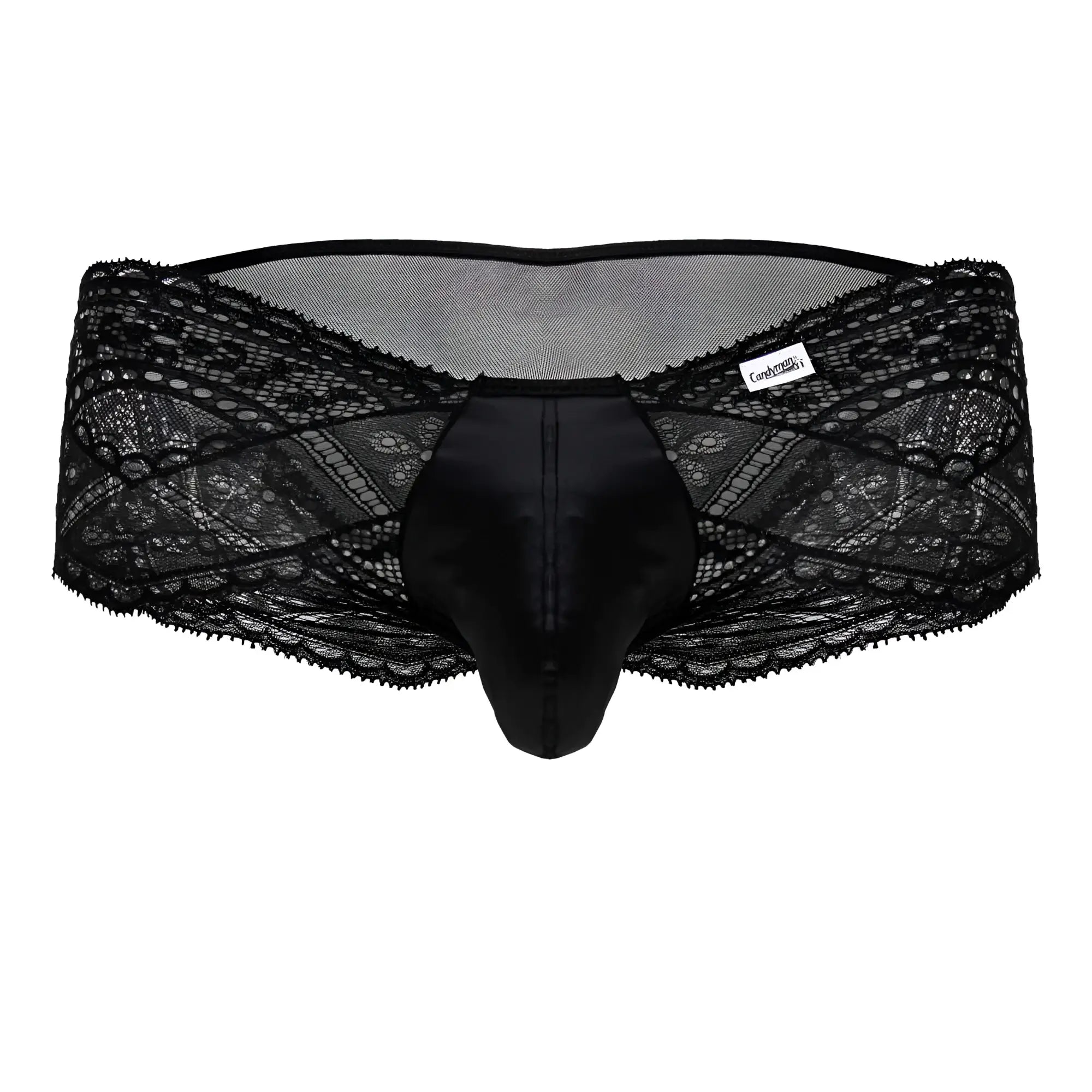 Black candyman 99863 lace briefs with satin front panel and floral lace mesh back for men
