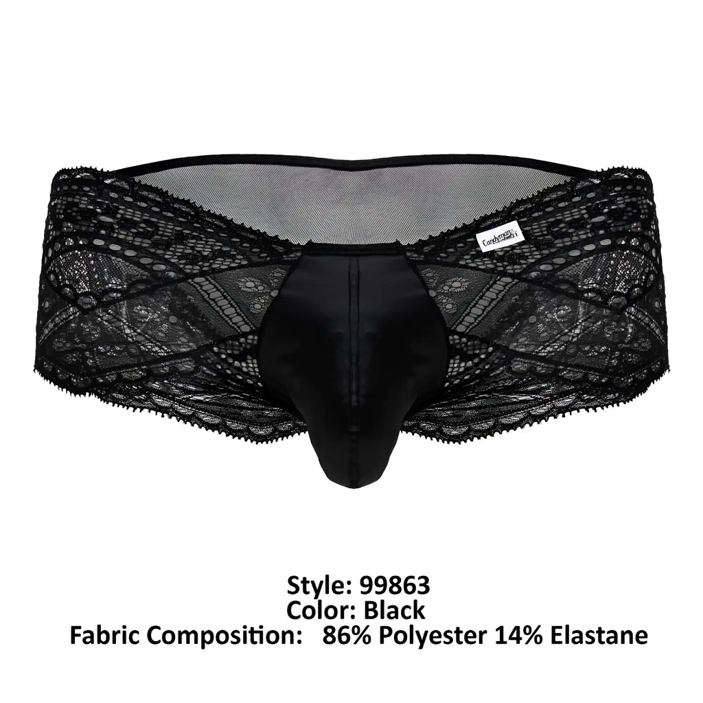 Black lace-trimmed CandyMan 99863 men’s briefs with satin front panel in black for stylish comfort