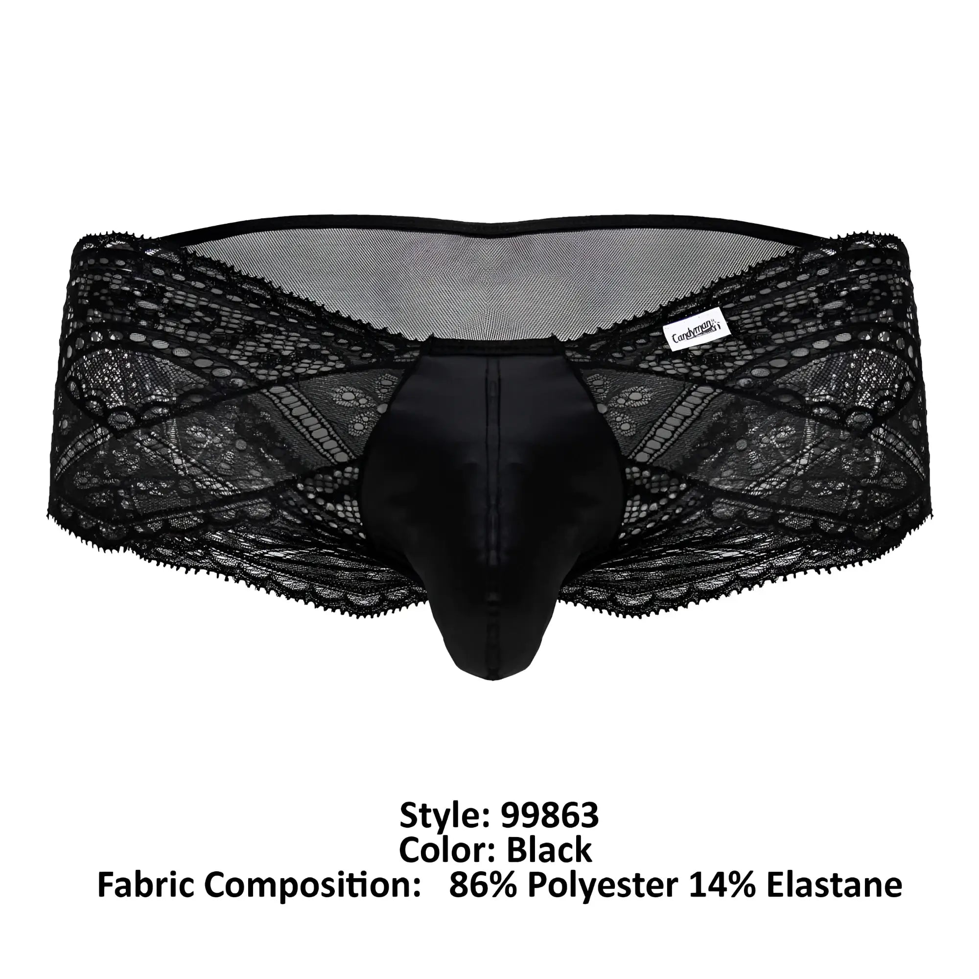 Black lace-trimmed CandyMan 99863 men’s briefs with satin front panel in black for stylish comfort