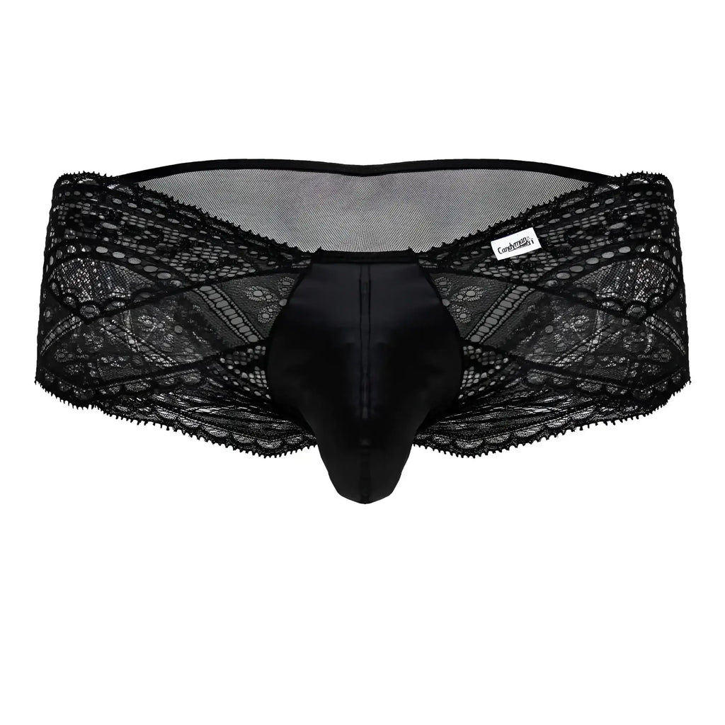 Black candyman 99863 lace briefs with satin front panel and floral lace mesh back for men