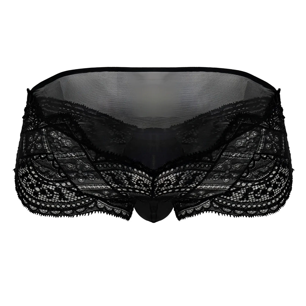 CandyMan 99863 black lace briefs with intricate floral patterns and sheer mesh back showing the back side