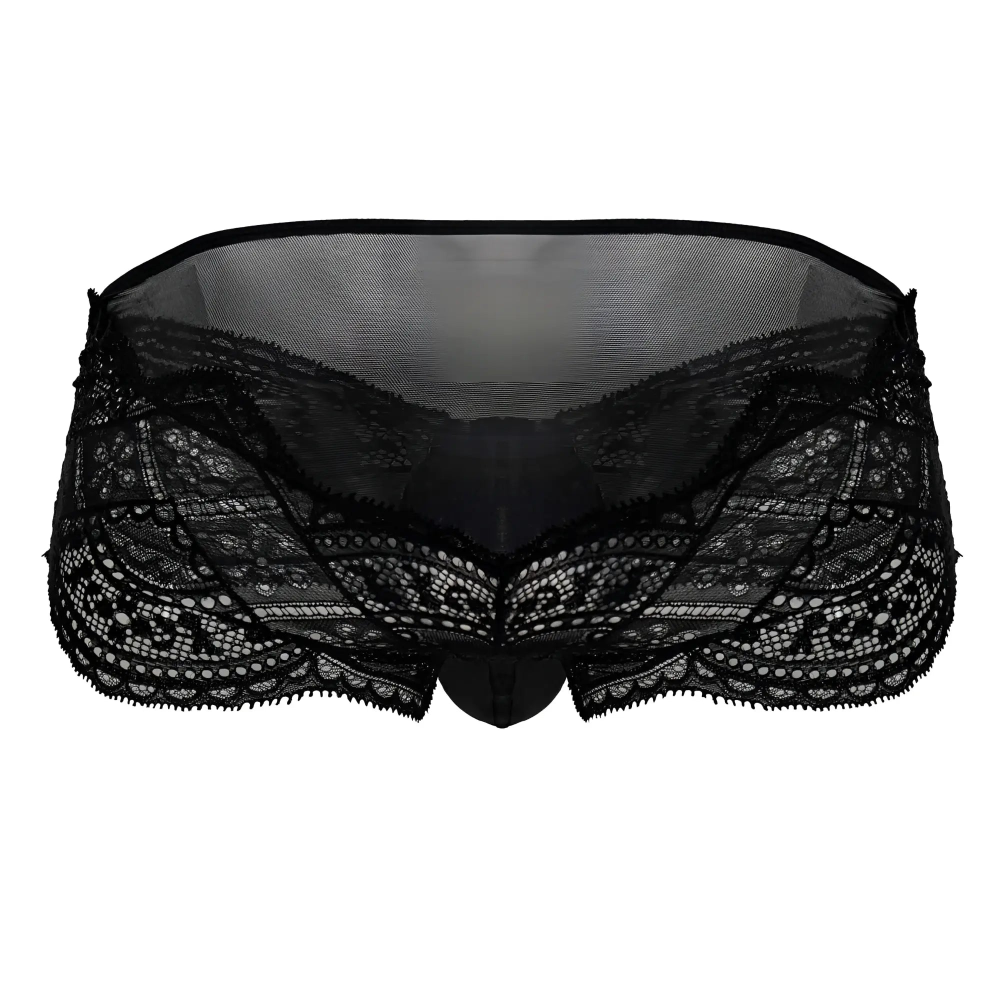 CandyMan 99863 black lace briefs with intricate floral patterns and sheer mesh back showing the back side