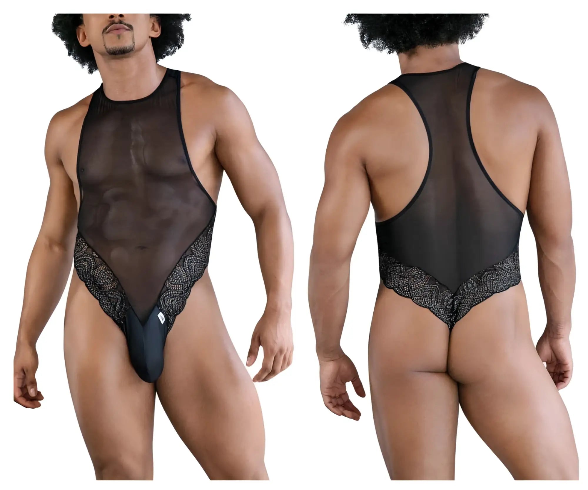 Black candyMan 99864 lace mesh bodysuit with sheer fabric and lace trim paired with a solid black thong