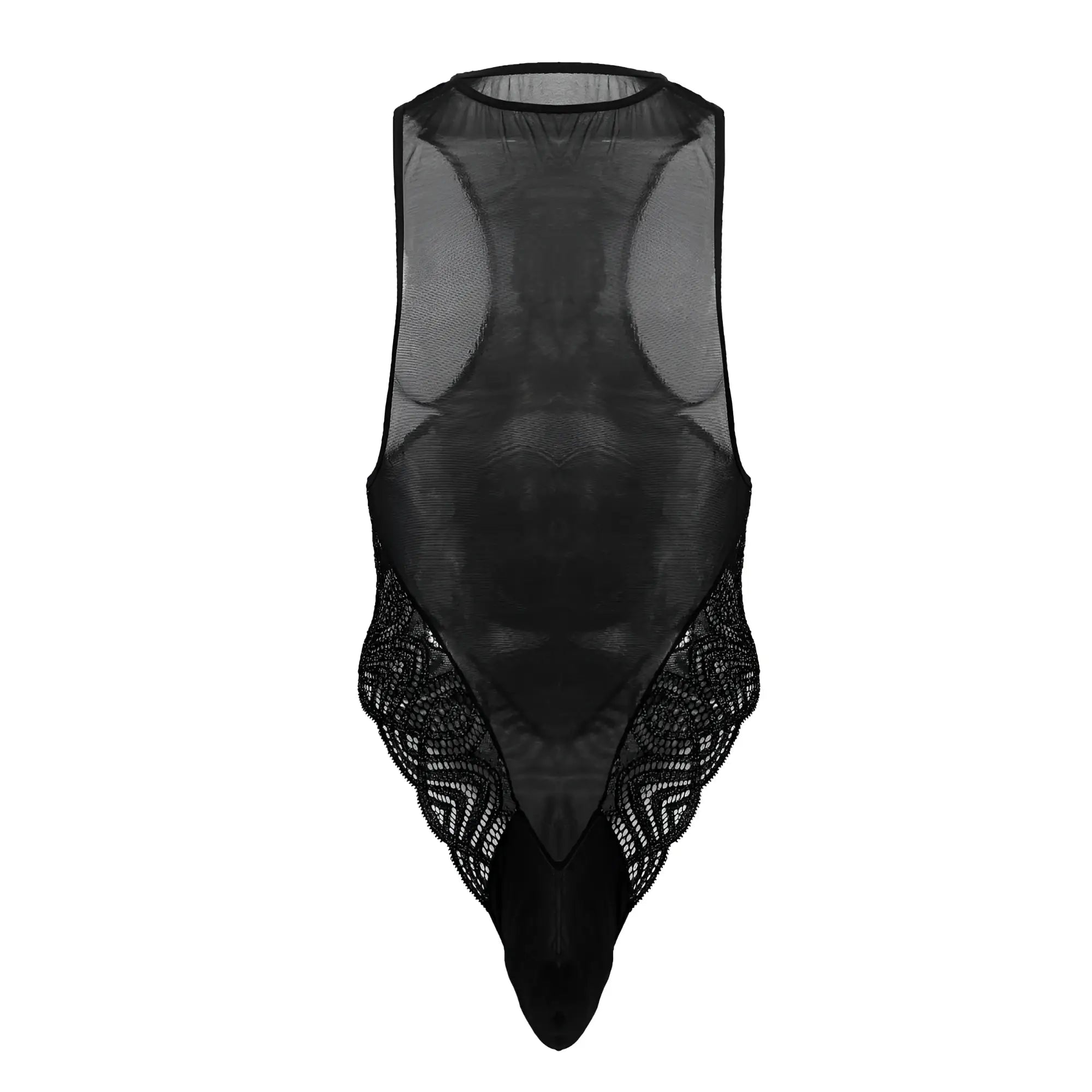 Black sheer mesh bodysuit candyMan 99864 with intricate lace detailing along sides and bottom