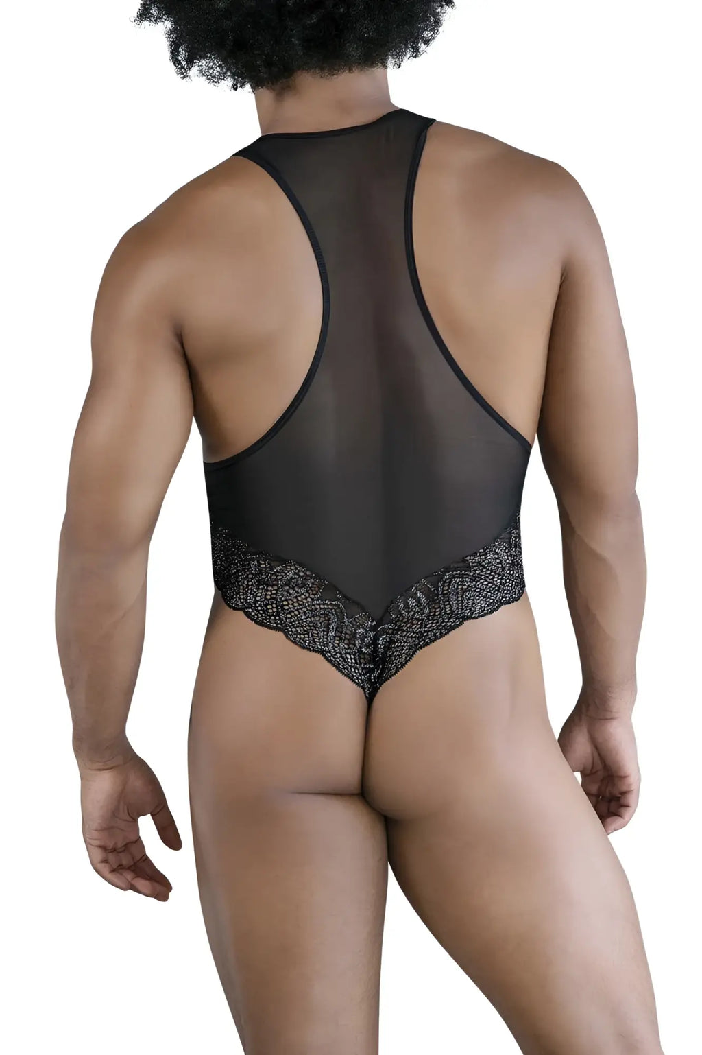 Black sheer mesh CandyMan 99864 bodysuit featuring intricate lace trim at the waistband