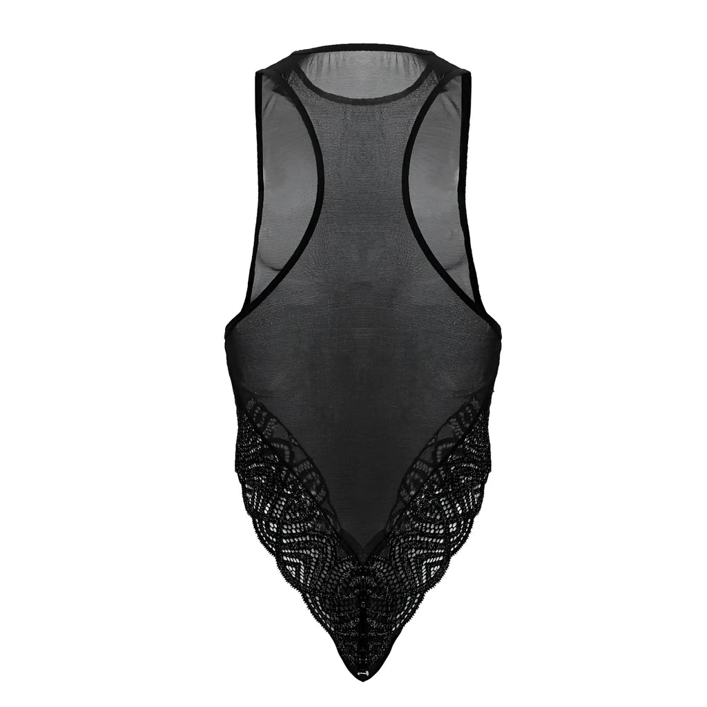 Black CandyMan 99864 lace-mesh bodysuit with sheer mesh material and intricate lace detailing along the lower hem