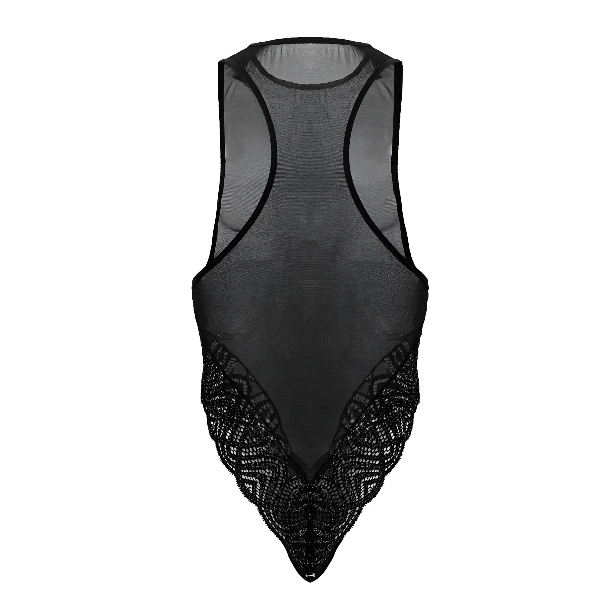 Black CandyMan 99864 lace-mesh bodysuit with sheer mesh material and intricate lace detailing along the lower hem