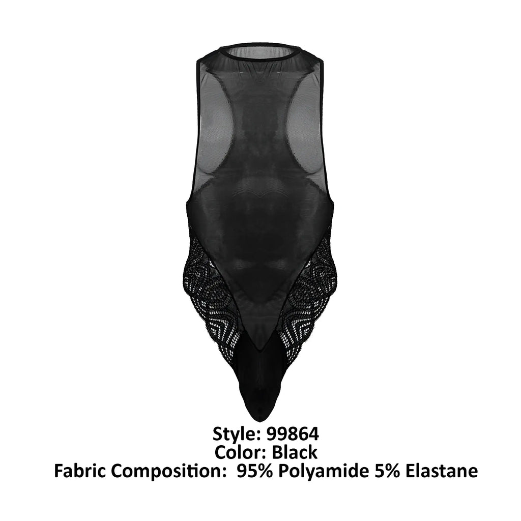 Black sheer mesh CandyMan 99864 lace-mesh bodysuit with intricate lace detailing along sides and bottom