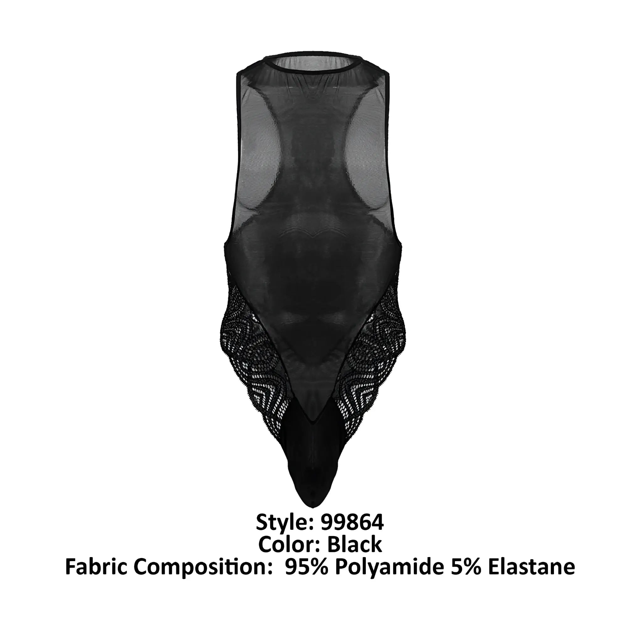 Black sheer mesh CandyMan 99864 lace-mesh bodysuit with intricate lace detailing along sides and bottom