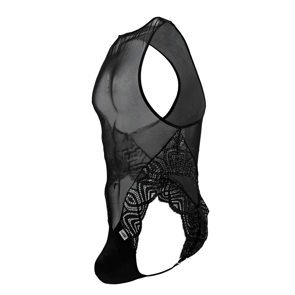 Black CandyMan 99864 lace-mesh bodysuit with sheer mesh and intricate lace detailing on sides and solid black bottom panel
