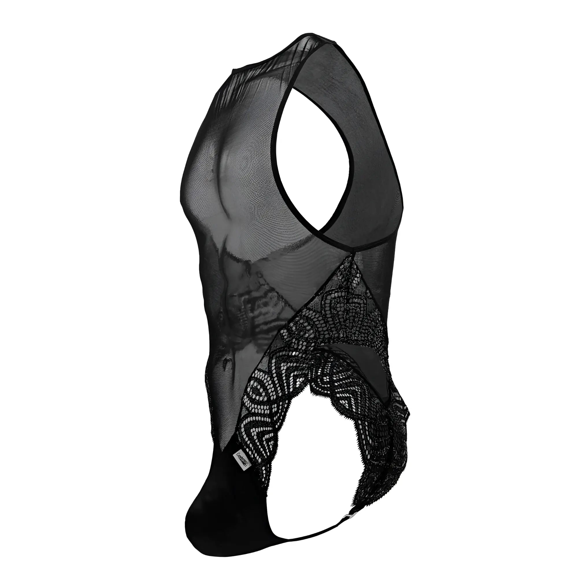 Black CandyMan 99864 lace-mesh bodysuit with sheer mesh and intricate lace detailing on sides and solid black bottom panel
