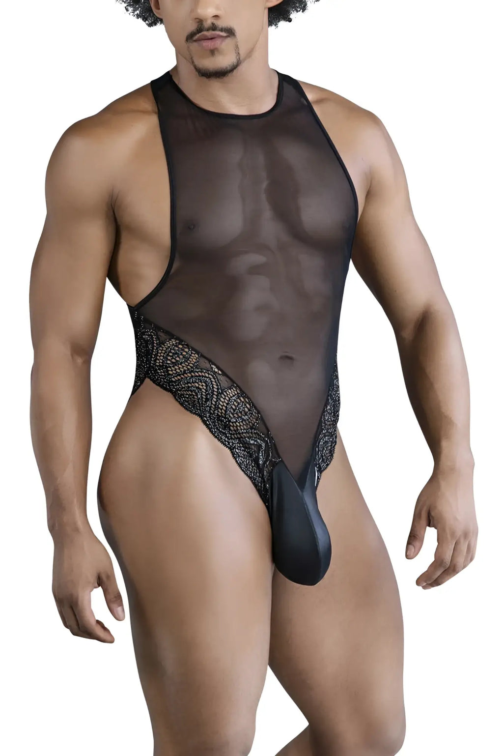 CandyMan 99864 black sheer mesh one-piece bodysuit with lace trim and solid black pouch front view