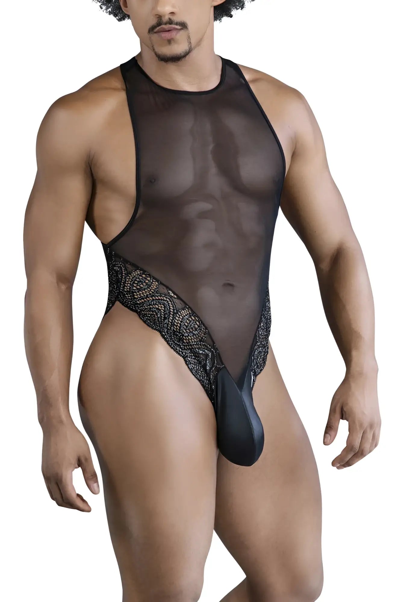 CandyMan 99864 black sheer mesh one-piece bodysuit with lace trim and solid black pouch front view