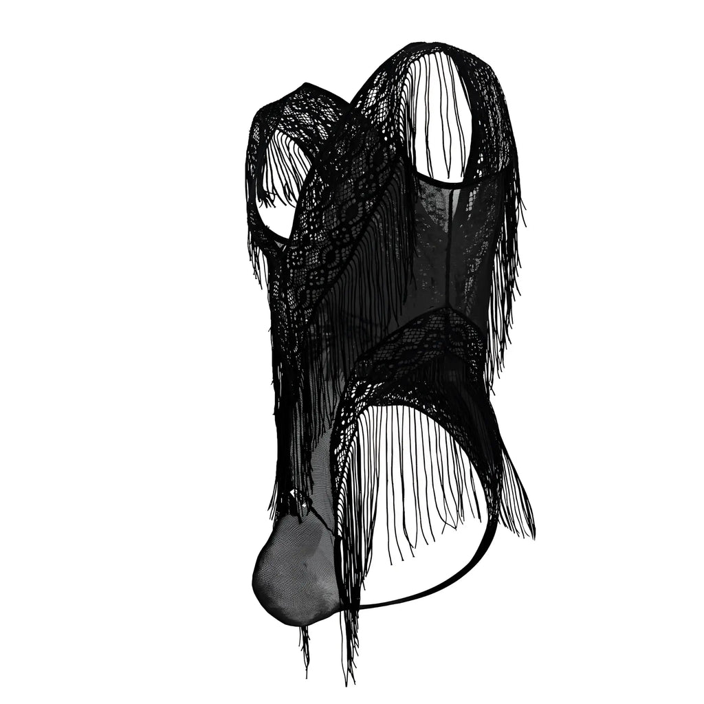 Black lace mesh bodysuit with long fringe detailing in black by CandyMan 99865 showing front view