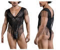 Black lace mesh bodysuit with fringe detailing candyMan 99865 designed for elegant lingerie wear
