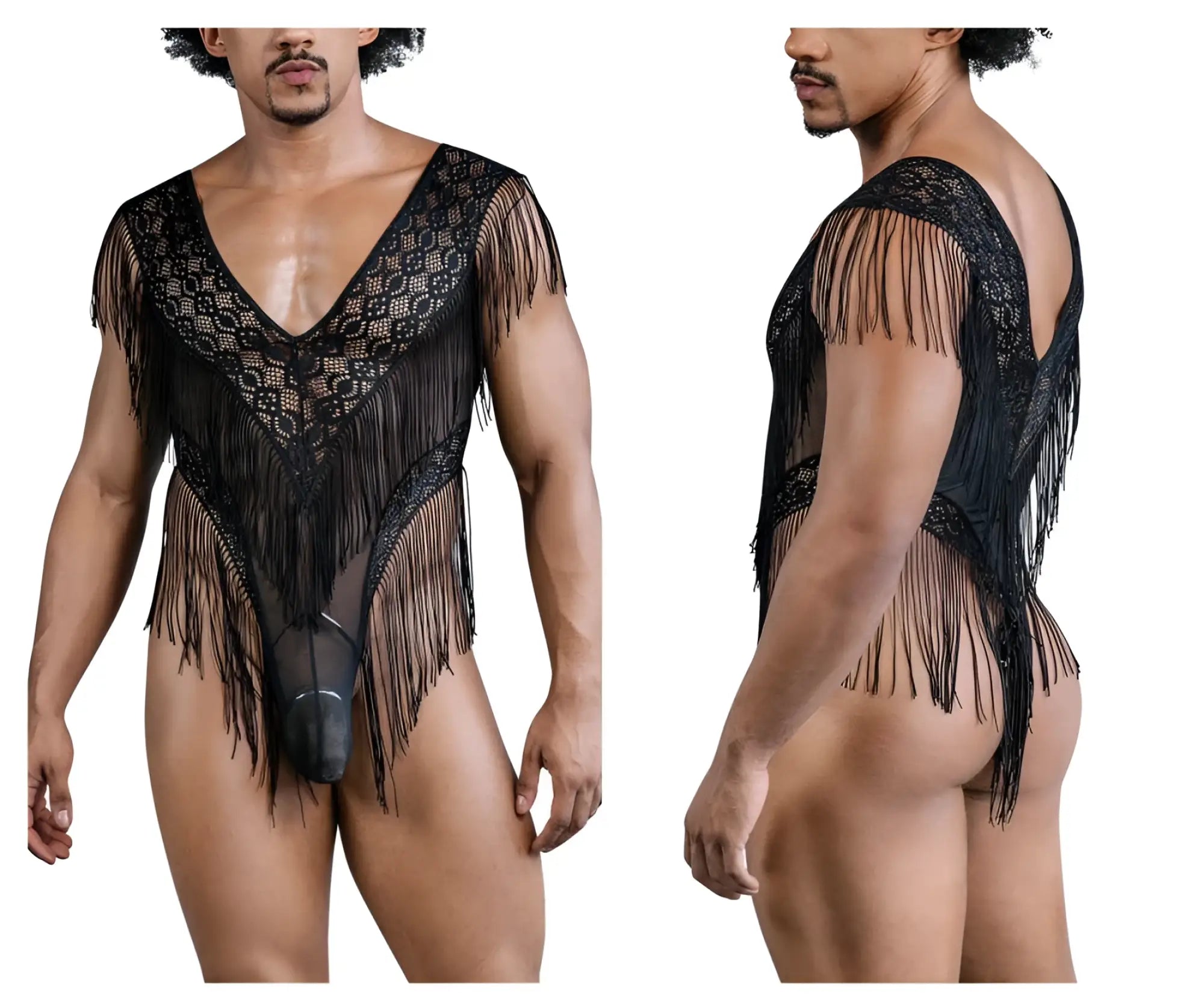 Black lace mesh bodysuit with fringe detailing candyMan 99865 designed for elegant lingerie wear