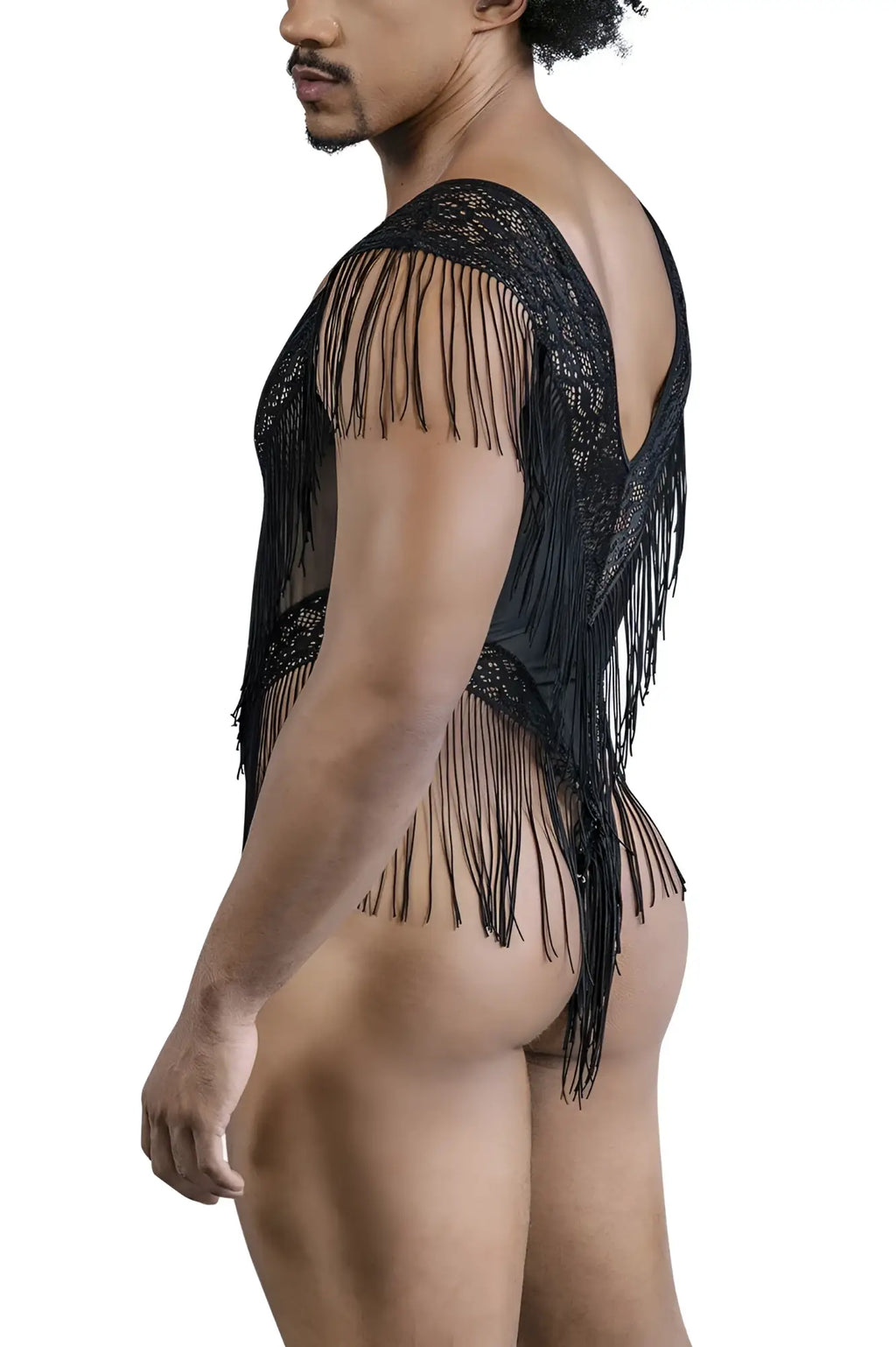Black lace mesh bodysuit candyMan 99865 with intricate detailing and cascading fringe tassels in color black