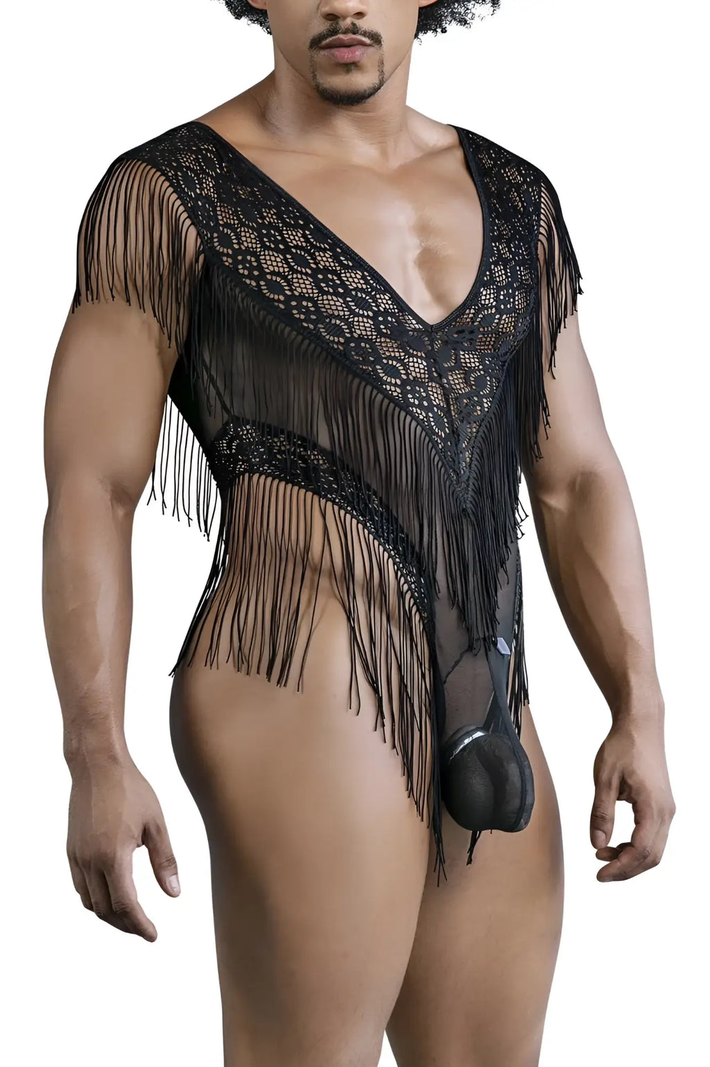 Black lace mesh CandyMan 99865 bodysuit with fringe and matching pouch in black shown from front