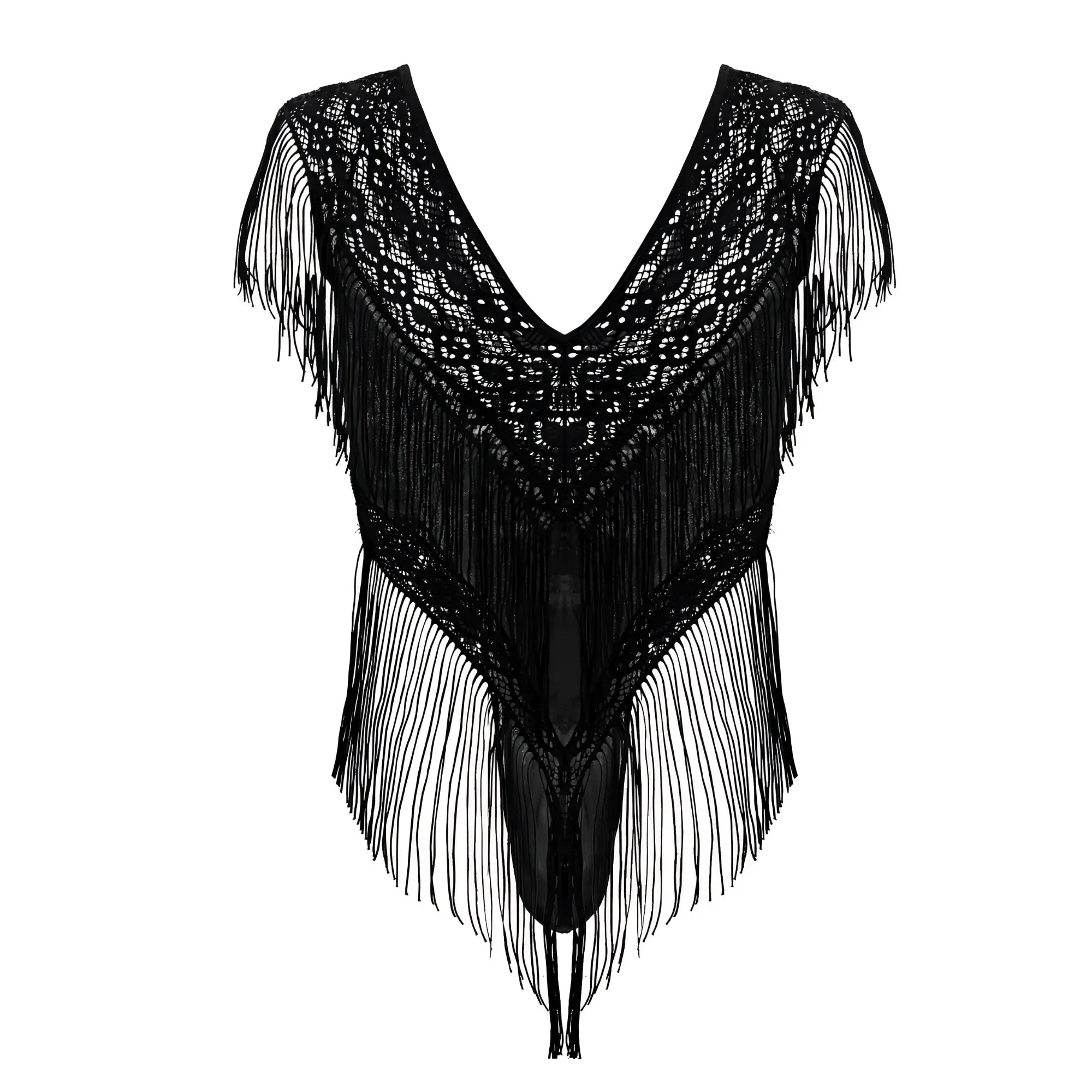 Black lace candyMan 99865 bodysuit with intricate crochet patterns and long fringe detailing in black mesh