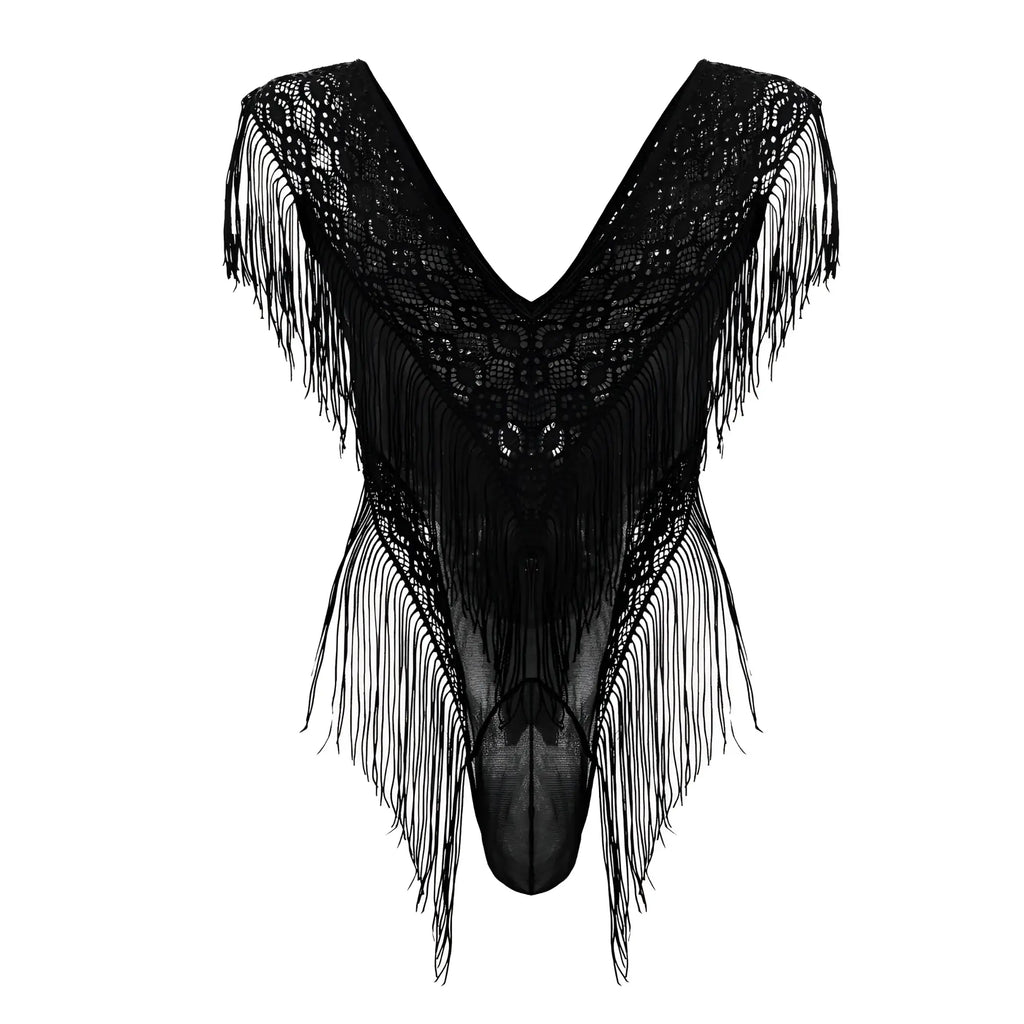 Black lace CandyMan 99865 lace mesh bodysuit with intricate floral patterns and long flowing fringe edges