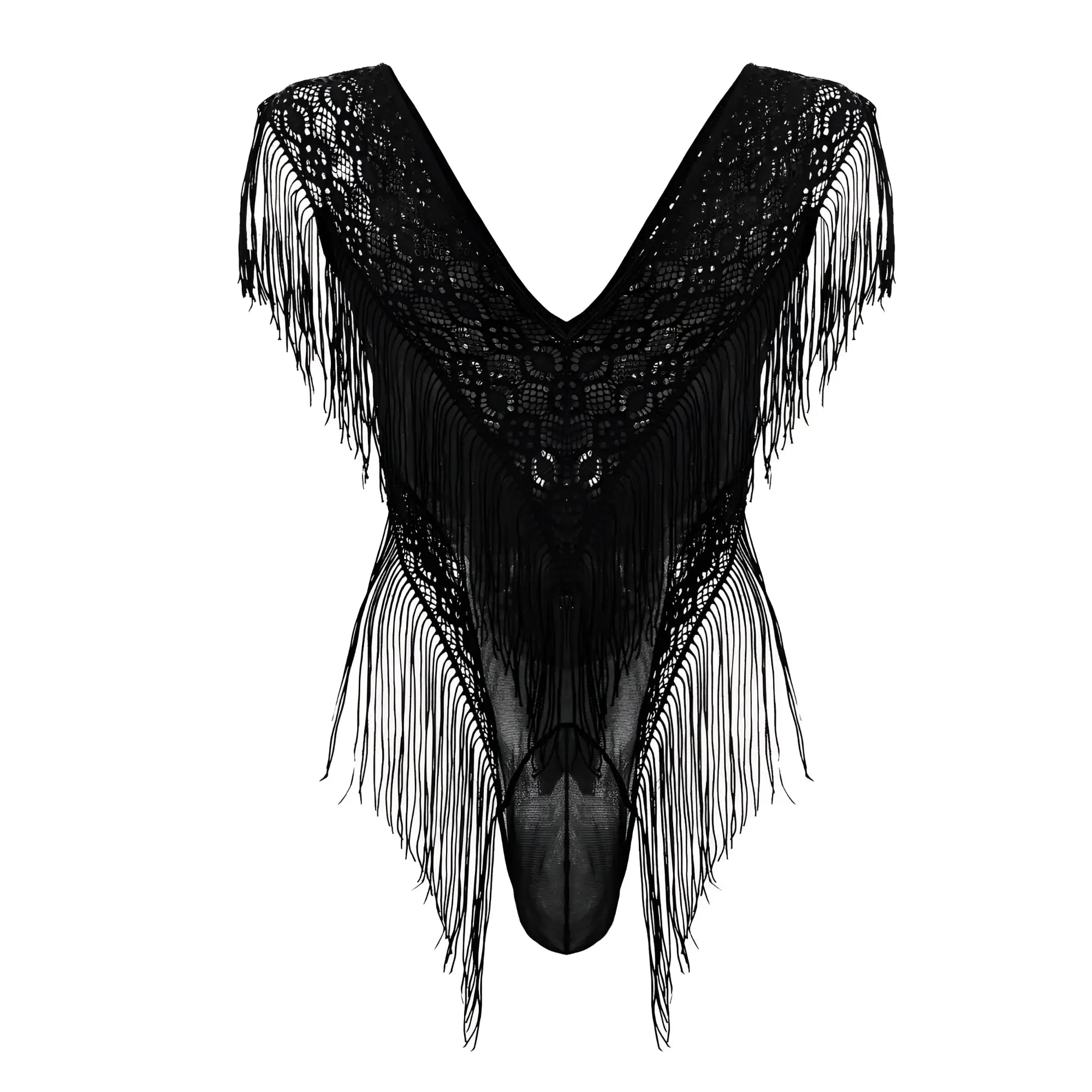 Black lace CandyMan 99865 lace mesh bodysuit with intricate floral patterns and long flowing fringe edges