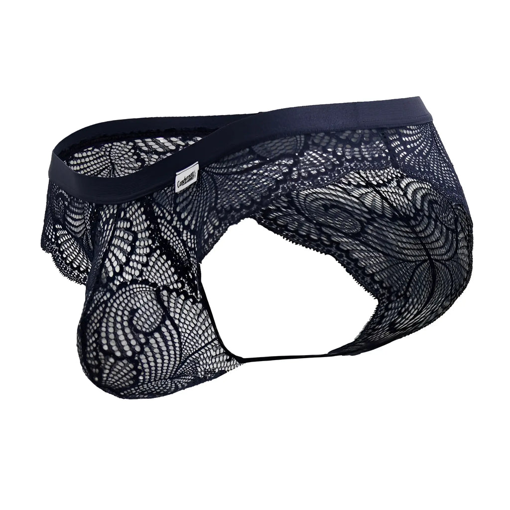 CandyMan 99868 navy lace briefs for men featuring intricate floral pattern and solid elastic waistband