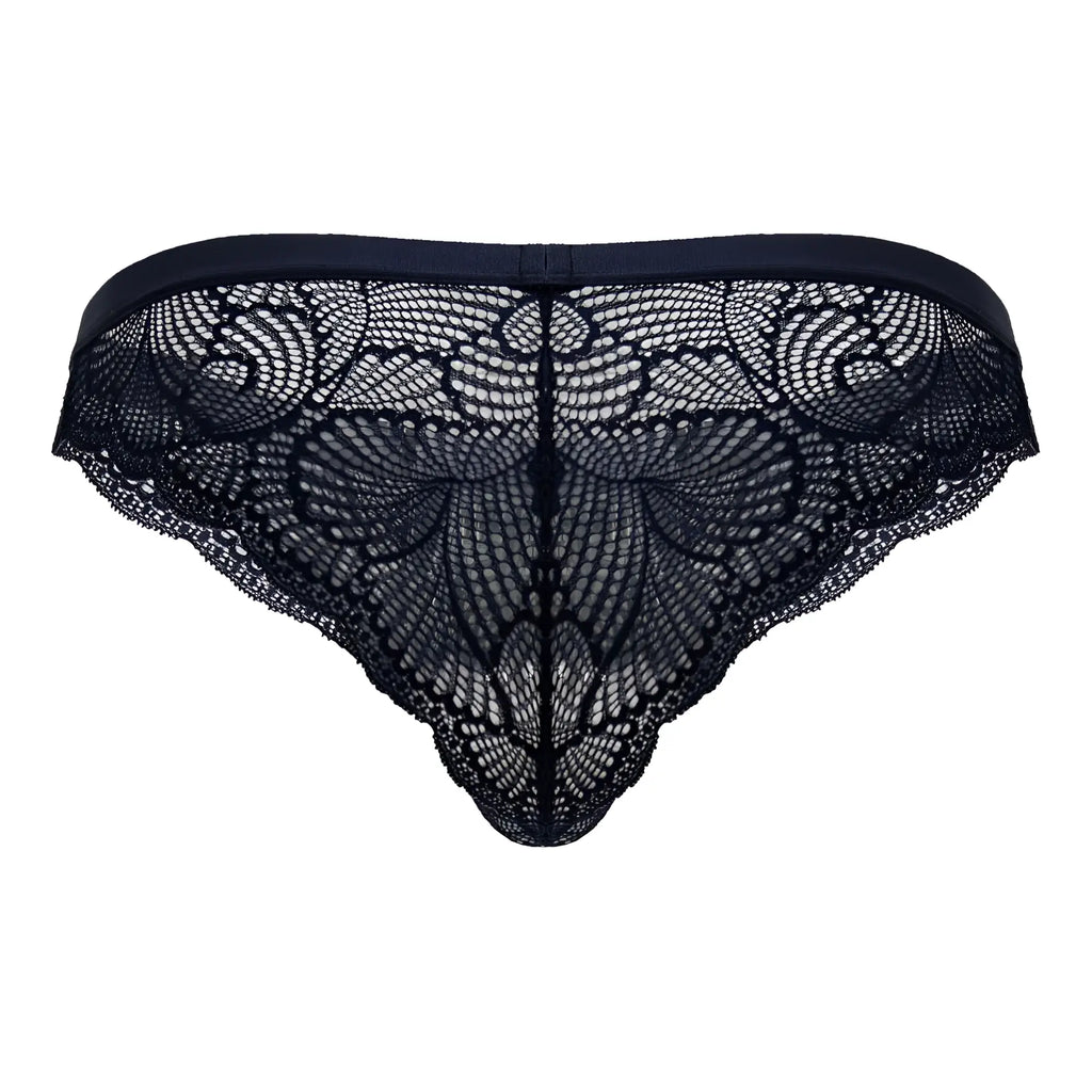 Navy black lace thong candyMan 99868 with intricate butterfly pattern and elastic waistband shown from the back side