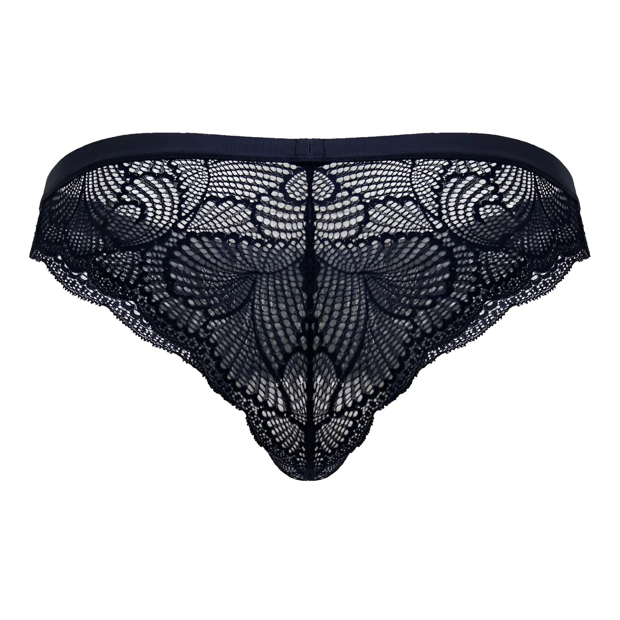 Navy black lace thong candyMan 99868 with intricate butterfly pattern and elastic waistband shown from the back side