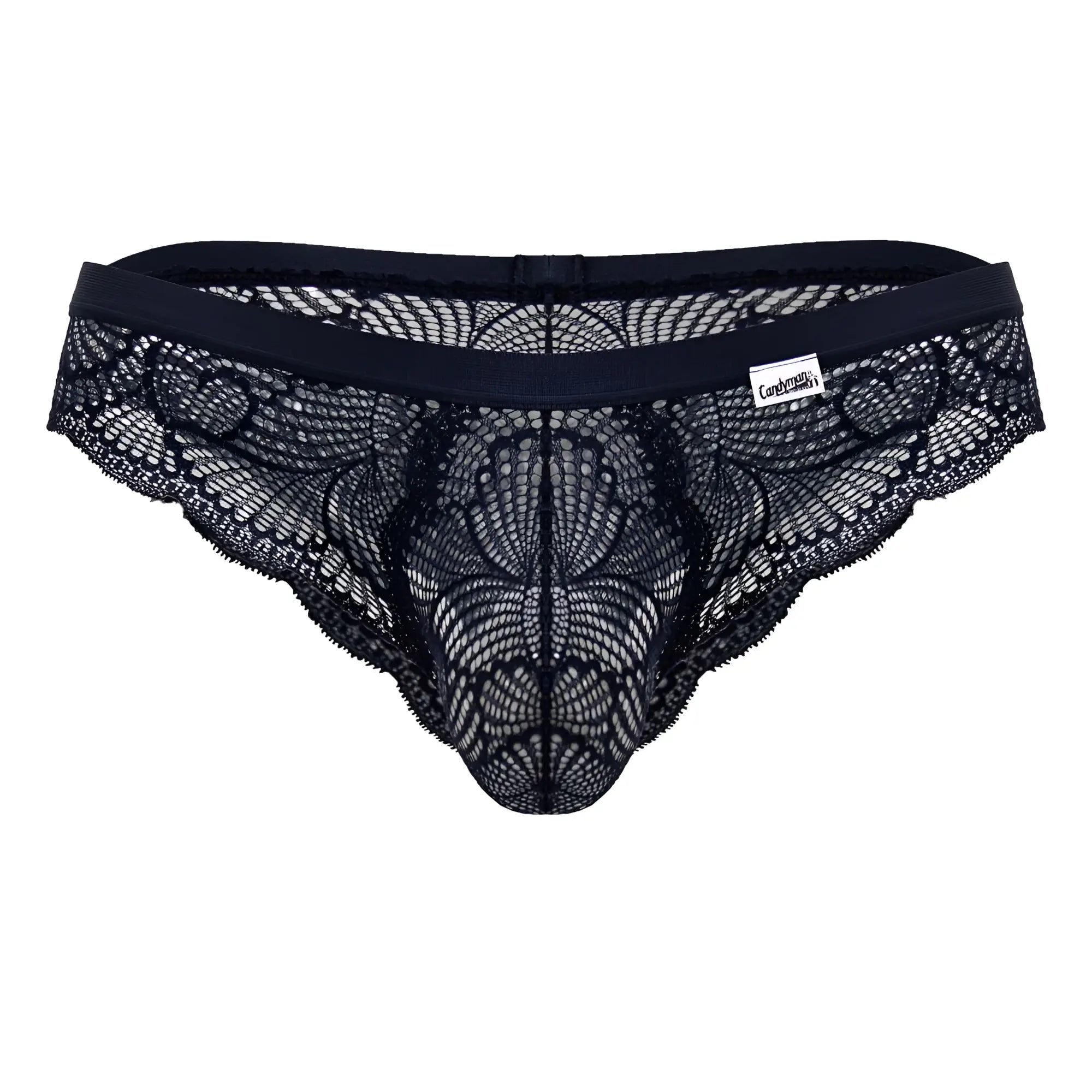 Navy candyMan 99868 lace briefs featuring intricate black floral lace and a solid elastic waistband