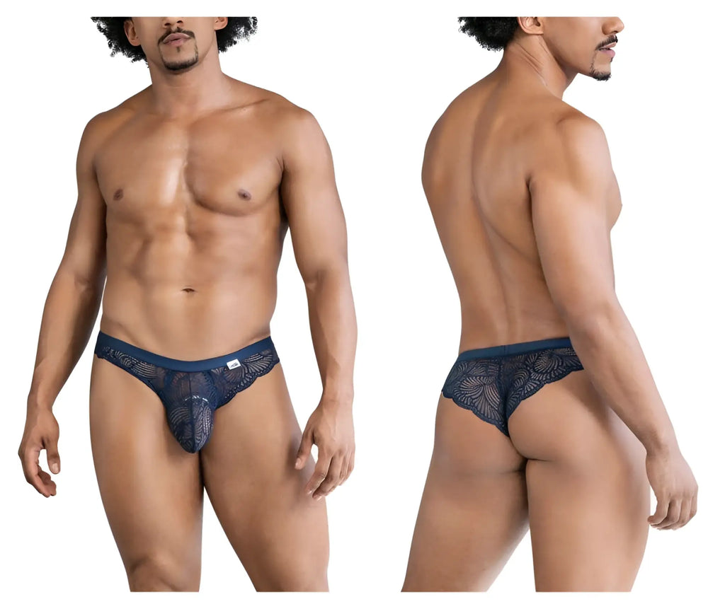 Navy blue lace men’s thong with intricate floral pattern and elastic waistband from candyman 99868 lace briefs collection