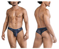 Navy blue lace men’s thong with intricate floral pattern and elastic waistband from candyman 99868 lace briefs collection